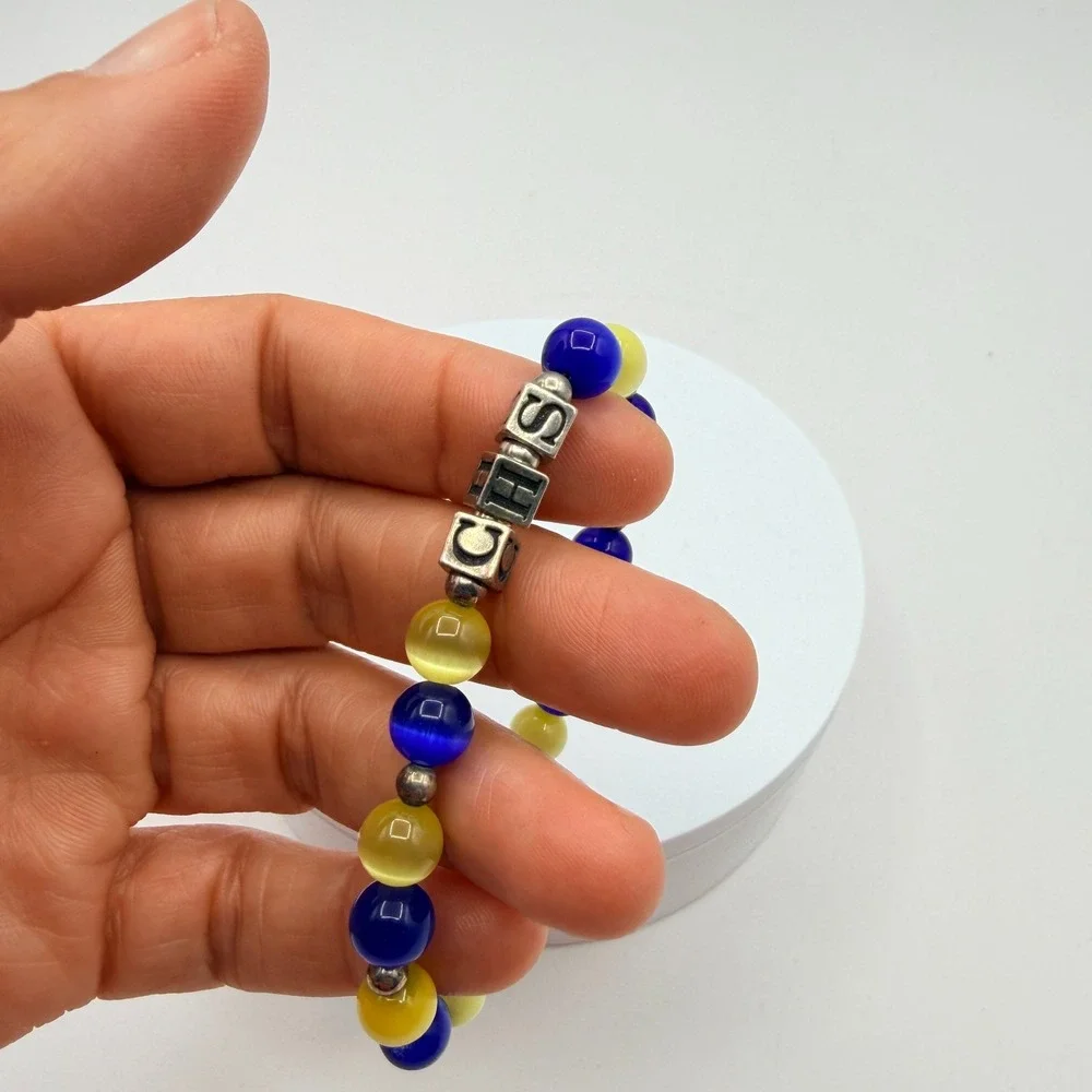 Vintage Y2K Women Silver Tone Toggle Cat Eye Bead CHS‎ Alphabet Bracelet Jewelry